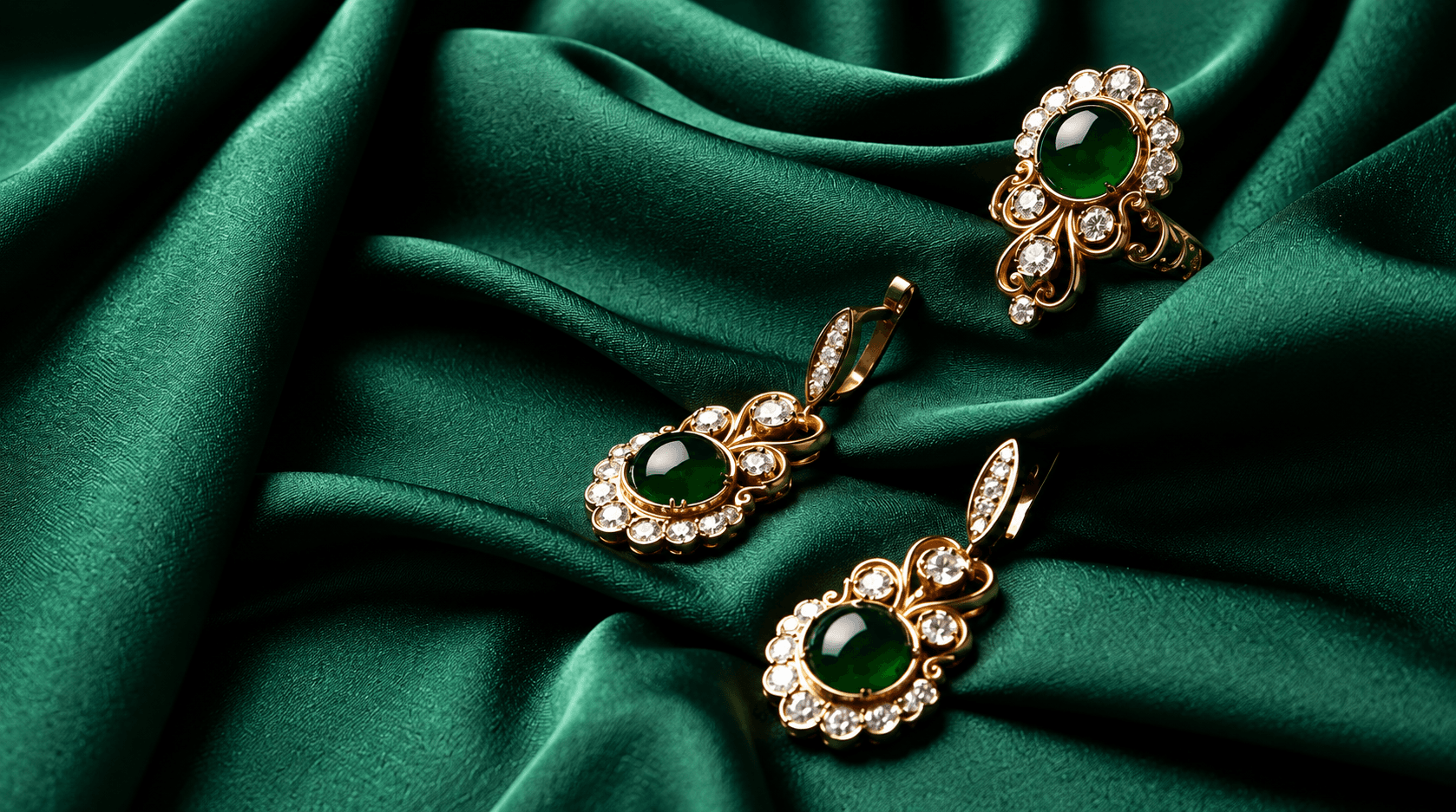 Emerald and diamond earrings and ring on green silk